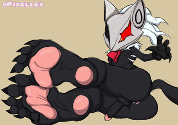 anthro anus armor balls butt claws feet foot_focus genitals hair headgear helmet male mask pawpads penis red_eyes soles solo white_hair pixellex sega sonic_forces sonic_the_hedgehog_(series) infinite_(sonic) canid canine canis jackal mammal hi_res