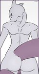 anthro backsack balls big_butt bubble_butt butt butt_pose genitals grey_body looking_back male nude pose purple_eyes raised_tail simple_background solo standing tail white_background snek77 nintendo pokemon generation_1_pokemon legendary_pokemon mewtwo pokemon_(species)