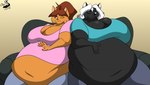 anthro breasts cleavage clothed clothing duo female furniture overweight sofa chrisandcompany reese_vecat domestic_cat felid feline felis mammal mephitid skunk