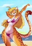 amber_eyes anthro beach bikini black_spots blonde_hair breasts cleavage clothed clothing cloud female fur hair happy long_hair open_mouth orange_body orange_fur outside pose purple_clothing purple_swimwear seaside side_boob skimpy sky solo spots swimwear tail two-piece_swimsuit white_body white_fur wide_hips yellow_body yellow_fur chalo mihari cheetah felid feline mammal