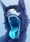 ambiguous_gender black_hair black_lips blue_body blue_eyes blue_fur blue_inner_nose blue_insides blue_mouth blue_tongue bodily_fluids cheek_tuft dripping facial_tuft feral fur hair inner_ear_fluff lips looking_at_viewer mouth_shot open_mouth saliva saliva_drip saliva_on_tongue saliva_string sharp_teeth simple_background solo teeth throat tongue tongue_out tuft kolaa rawr_(tendril) fish furred_fish furred_marine furred_shark marine shark hi_res