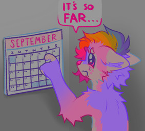 ambiguous_gender bodily_fluids calendar crying feral freckled_face freckles fur hair multicolored_hair pink_body pink_eyes pink_fur pink_nose purple_body purple_fur rainbow_hair solo sparklefur tears m1ss1ngtexture halo_(m1ss1ngtexture) canid canine canis domestic_dog mammal 2025