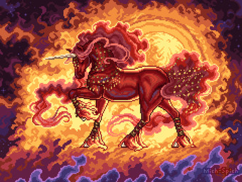 1_horn abstract_background ambiguous_feral ambiguous_gender curly_mane eyes_closed feral hooves horn long_mane long_tail mane quadruped red_body red_mane red_tail side_view solo standing tail unicorn_horn white_hooves mich-spich bella_sara cc-by-nc-nd creative_commons mythology farah_(bella_sara) equid equine mammal mythological_creature mythological_equine unicorn 2026 aliasing digital_media_(artwork) hi_res pixel_(artwork)