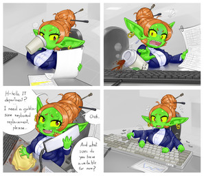 4_panel_comic accident beverage big_breasts breasts clothed clothed_female clothed_humanoid clothing coffee computer_keyboard dialogue ear_piercing ear_ring electronics female female_humanoid greeting hair hair_bun humanoid_pointy_ears office phone piercing pointy_ears ring_piercing shortstack shortstack_female solo text typing mario-grant ms._nasbh'ke_(mario-grant) goblin humanoid 2025 comic english_text hi_res