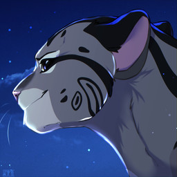 black_body black_fur cloud facial_markings female feral fur fur_markings grey_body head_markings looking_at_viewer markings night pink_nose purple_eyes sky smile star white_body white_fur shyryp mythology canid canine felid lion mammal mythological_creature pantherine absurd_res digital_media_(artwork) hi_res portrait