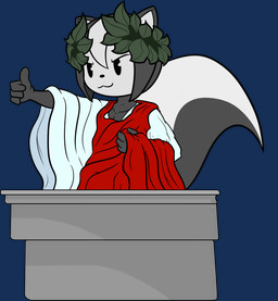4_fingers anthro bicolor_fur bicolor_tail black_body black_fur cat_smile clothing emperor fingers fluffy fluffy_tail fur gesture hand_gesture male red_clothing red_robe robe royalty solo tail thumbs_up white_body white_clothing white_fur white_robe wreath mrkrowy isaac_(e254e) mammal mephitid skunk absurd_res alpha_channel hi_res