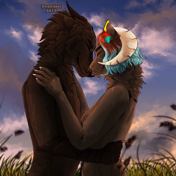 anthro blue_hair brown_body brown_fur cheek_tuft day duo ears_back eyes_closed facial_tuft female fur grass grey_body grey_fur hair horn male mouth_closed neck_tuft nude outside pivoted_ears plant red_hair text tuft white_horn msdeadsoul canid mammal 1:1 2019 artist_name dated