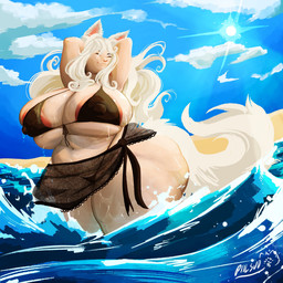 areola areola_slip beach belly big_breasts big_butt bikini blue_sky breasts butt cleavage cleavage_overflow clothed clothing cloud day eyes_closed female fur genitals hair hands_behind_head huge_breasts huge_butt huge_hips huge_thighs lens_flare light long_hair midriff navel nipple_outline partially_submerged pussy_floss sand sarong sea seaside skindentation sky skyscape slightly_chubby smile solo splash standing sun sunlight sunny swimwear tail thick_thighs two-piece_swimsuit vulva water wet wet_body white_body white_fur white_hair wide_hips piilsud jennifer_white animal_humanoid canid canid_humanoid canine canine_humanoid fox fox_humanoid humanoid mammal mammal_humanoid 1:1 2026 absurd_res hi_res signature