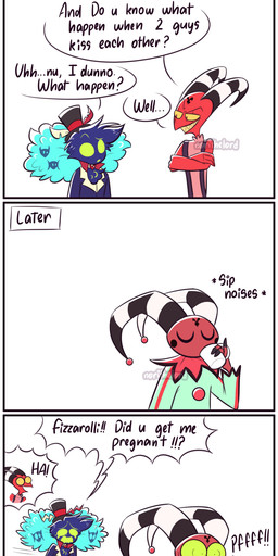 4_panel_comic aged_down anthro blue_body blue_clothing blue_feathers blue_shirt blue_topwear bodily_fluids border bottomwear brown_liquid clothing clown_costume constricted_pupils container crossed_arms crying cup dialogue drinking empty_eyes feather_hair feathers forehead_tattoo gesture green_eyes grin group hat headgear headwear heart_symbol horn humor laugh male male/male mug pink_clothing pink_shirt pink_topwear pseudo_hair pupils raised_finger raised_pinky red_body red_bottomwear red_clothing red_eyes red_shorts red_skin shirt shorts sleeveless_shirt small_hands small_pupils smile spit-take striped_horn stripes surprised tail tail_feathers tears text top_hat topwear trio white_border yellow_sclera young norithelord hellaverse helluva_boss asmodeus_(helluva_boss) blitzo_(helluva_boss) fizzarolli_(helluva_boss) avian avian_demon demon humanoid imp 2022 absurd_res artist_name comic english_text hi_res watermark