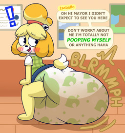 anthro big_diaper blush caught_in_the_act clothed clothing dialogue diaper diaper_under_clothing diaper_under_skirt embarrassed excessive_feces exclamation_point feces female huge_diaper hyper hyper_feces hyper_soiling offscreen_character pooping soiled_diaper soiling soiling_diaper solo sound_effects surprised unclean_diaper used_diaper wearing_diaper nyxiettenyxstar animal_crossing nintendo isabelle_(animal_crossing) canid canine canis domestic_dog mammal shih_tzu toy_dog hi_res