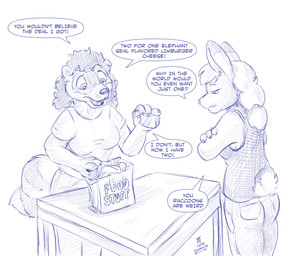 anthro breasts clothing dialogue dipstick_ears duo ear_markings female fur hair markings multicolored_ears open_mouth ring_(marking) ringed_tail scut_tail shirt short_tail striped_markings striped_tail stripes tail tail_markings tank_top text topwear flinters colleen_(sugarnutz) tracy_(sugarnutz) lagomorph leporid mammal procyonid rabbit raccoon 2026 blue_and_white english_text hi_res monochrome