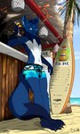 anthro arm_support bar beach beverage big_tail blue_body bulge clothed clothing detailed_background erection fluffy fur leaning leaning_backward leaning_on_edge leaning_on_elbow liquid male nature outside sand sea seaside solo standing tail text underwear water foxinuhhbox cherokee_fox canid canine fox mammal 3:5 absurd_res english_text hi_res