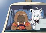 ahoge aloha_shirt alternate_species anthro armwear blue_eyes blush blush_stickers bodily_fluids brown_body brown_skin car clothed clothing commercial_vehicle detached_sleeves driving duo ear_piercing ear_ring female fur furrification hair hat headgear headwear inner_ear_fluff inside_car kemono leaning_over male open_mouth open_smile pattern_clothing pattern_shirt pattern_topwear piercing public_transportation rearview_mirror ring_piercing seatbelt shirt smile steering_wheel sweat sweatdrop taxicab topwear trucker_hat tuft tusks vehicle vehicle_for_hire whiskers white_body white_fur white_hair oinari_sensei hololive odd_taxi vtuber hiroshi_odokawa_(odd_taxi) shirakami_fubuki canid canine fox mammal marine pinniped walrus absurd_res alternate_version_at_source crossover hi_res