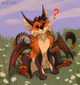 blank_expression claws feral flower grass looking_at_viewer male pawpads plant question_mark sitting solo tail tail_tuft tuft alibi-cami mythology canid canine dragon fox hybrid mammal mythological_creature mythological_scalie scalie hi_res watermark