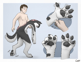 anthro blue_eyes blush border brown_hair closed_smile clothing consensual_transformation costume fur fursuit hair happy head_tuft male mid_transformation mouth_closed multicolored_body multicolored_fur pawpads paws simple_background smile solo standing suit_transformation tail text transformation tuft two_tone_body two_tone_fur white_border wiggle cervalt hiero_(hierohusky) canid canine canis domestic_dog human husky mammal nordic_sled_dog spitz 2024 artist_name digital_drawing_(artwork) digital_media_(artwork) hi_res sequence