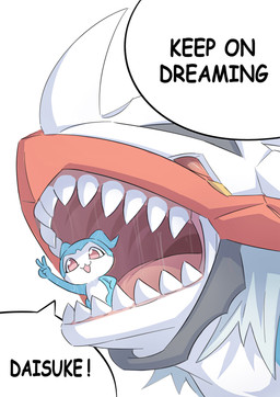 ambiguous_gender blue_body dialogue duo gesture hand_gesture larger_ambiguous open_mouth pink_tongue red_body sharp_teeth size_difference smaller_ambiguous speech_bubble teeth text tongue v_sign vore white_body rusho bandai_namco digimon demiveemon digimon_(species) imperialdramon english_text hi_res
