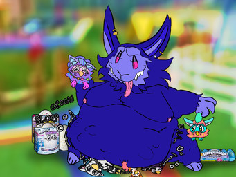 anthro belly big_belly bodily_fluids breasts digestion_noises ear_piercing ear_ring egg female larger_female larger_pred long_tongue multiple_prey nipples obese obese_anthro obese_female onomatopoeia overweight overweight_anthro overweight_female piercing purple_body ring_piercing saliva saliva_on_tongue sharp_teeth size_difference smothering solo sound_effects squirming teeth text tomboy tongue toy under_belly vore onikuma_(artist) furby pop_mart the_monsters_(kasing_lung) fan_character furby_(species) labubu monster peepy_(itemlabel) 4:3 hi_res