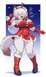 anthro antler_headband big_breasts boots breasts christmas_clothing clothed clothing dipstick_tail fake_antlers fake_horns female floppy_ears footwear front_view fully_clothed fur hair hair_over_eyes high_heeled_boots high_heels holidays markings open_mouth red_clothing santa's_sack shoes snow solo tail tail_markings white_body white_fur white_hair winter crazysnuft christmas mike_(crazysnuft) canid canine canis domestic_dog mammal absurd_res hi_res