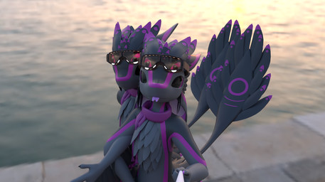 3_fingers 4_ears anthro blep camera_view da'vali duo eyewear eyewear_on_head feathered_wings feathers fingers goggles goggles_on_head high-angle_view male male/male multi_ear square_crossover tail tail_feathers tongue tongue_out water wings httmj rai_kitamatsu_(modeler) jasii avali avian 3d_(artwork) blender_(artwork) digital_media_(artwork)