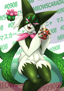 anthro fangs female fur green_body green_fur holding_object holding_pokeball looking_at_viewer navel open_mouth pokeball sitting smile solo tail teeth text moltsi nintendo pokemon felid feline generation_9_pokemon mammal meowscarada pokemon_(species) digital_media_(artwork) hi_res japanese_text