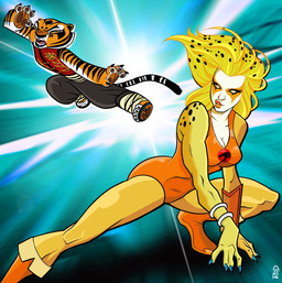 4_toes anthro armor barefoot bent_arm bent_leg black_bottomwear black_clothing black_lips black_nose black_pants black_spots black_tail blonde_hair blue_background boots bottomwear breasts brown_pawpads cleavage clothed clothed_anthro clothed_female clothing crouching duo eyelashes feet female female_anthro fight footwear frowning_at_another fully_clothed fully_clothed_anthro fully_clothed_female fur furrowed_brow gauntlets gloves hair hand_pawpads handwear leotard light lips long_hair long_tail looking_at_another looking_at_viewer looking_back looking_back_at_another looking_back_at_viewer medium_breasts midair multicolored_hair no_eyebrows orange_body orange_boots orange_clothing orange_footwear orange_fur orange_leotard orange_lips pants pawpads red_clothing red_eyes red_tongue red_topwear red_vest shoes simple_background smile smiling_at_another spots spotted_hair striped_arms stripes tail thick_bottom_lip toes tongue topwear two_tone_hair two_tone_tail vest white_body white_skin white_stripes yellow_sclera rod_allen dreamworks kung_fu_panda thundercats cheetara master_tigress cheetah felid feline humanoid mammal pantherine tiger 2024 cel_shading colored crossover digital_drawing_(artwork) digital_media_(artwork) english_description hi_res lighting shaded signature