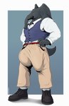 anthro big_bulge bulge clothed clothing footwear hands_on_hips huge_bulge hyper hyper_bulge male solo tusks corrsk jakiel_blacktusk elephant elephantid mammal proboscidean digital_media_(artwork) hi_res