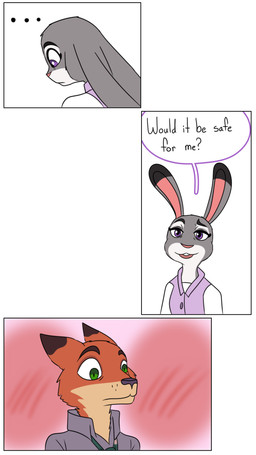 anthro dialogue duo female fur grey_body grey_fur male orange_body orange_fur pointy_ears rabbit_ears simple_background text hahstudios disney zootopia judy_hopps nick_wilde canid canine european_rabbit fox lagomorph leporid mammal oryctolagus rabbit red_fox true_fox comic english_text