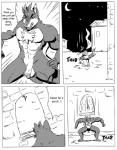 anthro balls canid canine canis clothing comic dialogue english_text flaccid genitals greyscale jockstrap male mammal monochrome muscular muscular_anthro muscular_male penis reagan700 solo text underwear wolf