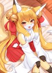 2_tails accessory anthro asian_clothing bell blonde_hair blush breasts brown_body brown_fur clothed clothing cute_fangs dipstick_ears dipstick_tail ear_markings east_asian_clothing fangs female female_anthro fur gloves_(marking) hair hair_accessory japanese_clothing jingle_bell kemono leg_markings long_hair looking_at_viewer markings miko_outfit multi_tail multicolored_body multicolored_ears multicolored_fur multicolored_hair open_mouth red_eyes shrine_maiden small_breasts socks_(marking) solo tail tail_markings teeth tongue white_body white_fur white_hair yellow_body yellow_fur horokusa0519 nio_(horokusa) canid canine fox mammal 2025 digital_media_(artwork) hi_res