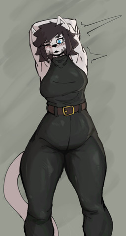anthro belt biped black_clothing blue_eyes blush blush_lines bottomwear clothed clothing cosplay emanata female front_view fully_clothed grey_background grey_markings markings one_eye_closed pants pupils raised_arms simple_background slit_pupils solo standing stretching tail topwear white_body alihsart kima_(alihsart) maki_zenin domestic_cat felid feline felis mammal absurd_res digital_drawing_(artwork) digital_media_(artwork) hi_res portrait three-quarter_portrait