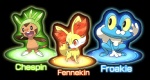 ambiguous_gender amphibian black_background blue_body canid canine chespin color_partitioning english_text fennekin feral froakie generation_6_pokemon group mammal nintendo partitioning pokemon pokemon_(species) simple_background starter_trio text unknown_artist