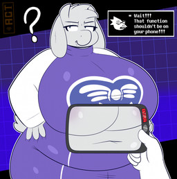 anthro belly big_belly big_breasts black_eyebrows black_eyewear black_glasses blue_eyes breasts cellphone clothing dialogue duo electronics eyebrows eyewear female glasses hair holding_object holding_phone horn huge_belly huge_breasts hyper hyper_breasts mature_anthro mature_female navel obese obese_anthro obese_female outline overweight overweight_anthro overweight_female phone purple_clothing purple_robe question_mark robe scut_tail short_tail smartphone snaggle_tooth tail text text_box three-quarter_view white_body white_ears white_hair white_horn white_outline white_tail blitzyflair undertale_(series) alphys toriel bovid caprine goat mammal scalie 2024 colored digital_media_(artwork) english_text flat_colors hi_res portrait three-quarter_portrait
