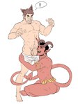 2_horns 5_fingers 5_toes balls barefoot biceps biped black_eyebrows black_hair boxer_briefs boxer_briefs_down brown_ears brown_fingernails brown_hair brown_horn brown_nails clenched_teeth clothed clothing colored_nails deltoids duo ear_piercing exclamation_point eyebrows feet fingernails fingers genitals gold_armlet gold_belt hair half-erect hand_on_leg hand_on_thigh horn humanoid_genitalia humanoid_on_humanoid humanoid_penis humanoid_pointy_ears interspecies looking_down male male/male nails navel nude nude_humanoid nude_male nuzzling partially_clothed partially_clothed_humanoid partially_clothed_male pecs penis penis_nuzzling piercing plantigrade pointy_ears prick_ears pubes pupils red_body red_skin red_tail sharp_fingernails sharp_nails sharp_teeth short_hair simple_background slit_pupils soles spade_tail speech_bubble stubble tail tail_around_leg teeth toes underwear white_background wide_eyed yellow_eyes toxosalvaxe animal_humanoid demon demon_humanoid humanoid mammal mammal_humanoid 2024 hi_res