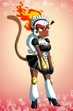 anthro anthrofied apron biped blue_eyes blush bodily_fluids breasts bubble clothing collar cutout_heels ear_piercing embarrassed female fire footwear high_heels looking_at_viewer maid_uniform piercing pokemorph pumps shoes solo sweat tail thin_tail uniform wide_hips crovirus nintendo pokemon generation_4_pokemon infernape mammal pokemon_(species) primate hi_res