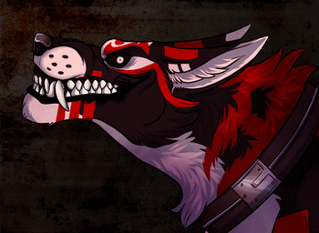 black_body black_collar black_ears black_fur black_nose black_sclera collar ears_back fangs feral fur glistening glistening_nose inner_ear_fluff looking_at_viewer male pivoted_ears red_body red_ears red_fur sharp_teeth side_view solo teeth tuft white_body white_ears white_eyes white_fur white_inner_ear_fluff demireality canid canine mammal animated