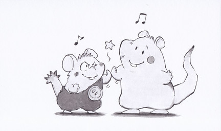 anthro biped blush chibi clothed clothing dot_eyes duo musical_note musical_symbol one_eye_closed simple_background simple_eyes standing symbol wink hiraoka_senitsu gamba_no_bouken gamba_no_bouken_(series) bobo_(gamba_no_bouken) ganba mammal mouse murid murine rodent 2025