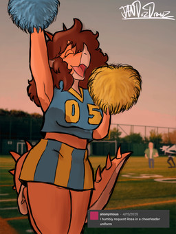 angry anthro anthro_focus bald bent_leg blush bottomwear breasts brown_hair cheerleader cheerleader_outfit clothed clothed_anthro clothed_female clothed_human clothed_male clothing crop_top denim denim_bottomwear denim_clothing evening eyes_closed facial_horn feathered_wings feathers female female_focus football_field grey_body grey_feathers group hair horn jacket jeans long_hair long_tail looking_at_another male medium_breasts non-mammal_breasts open_mouth open_smile orange_body outside pants plant pom_poms raised_leg shirt skirt smile solo_focus spiked_tail spikes spikes_(anatomy) standing tail tan_body text topwear tree trio wings yelling_at_another joebamna cavemanon_studios goodbye_volcano_high ko_op_(game_developer) snoot_game anon_(snoot_game) fang_(gvh) rosa_(gvh) aquilops ceratopsian dinosaur human mammal marginocephalian ornithischian prehistoric_species pterosaur reptile scalie 2025 3:4 absurd_res artist_name colored english_text hi_res shaded