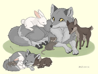 4_toes ambiguous_gender black_eyes black_nose black_pawpads brown_body brown_fur claws countershade_fur countershading dipstick_tail eyes_closed feet feral fluffy fur grey_body grey_fur grey_tail group hooves inner_ear_fluff larger_ambiguous larger_feral lying markings multicolored_body multicolored_fur multicolored_tail on_front on_side pawpads paws predator/prey quadruped short_tail simple_background size_difference sleeping smaller_ambiguous smaller_feral sound_effects standing tail tail_markings toes tuft two_tone_body two_tone_fur vowelless vowelless_sound_effect white_body white_fur yellow_eyes yellow_sclera young young_feral zzz fusau canid canine canis deer lagomorph leporid mammal mouse murid murine rabbit rodent wolf 2024 digital_media_(artwork)