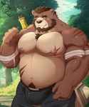 anthro bandage belly big_belly bottomwear brown_body brown_fur clothing detailed_background fur kemono male musclegut muscular nipples outside overweight overweight_male pants pecs solo weapon hfengfffff bear mammal 2023 5:6 absurd_res hi_res