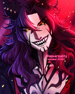 black_hair black_horn black_markings black_sclera clothed clothing front_view hair horn looking_at_viewer male male_humanoid markings open_mouth open_smile orange_eyes pale_skin pupils ridged_horn sharp_teeth slit_pupils smile solo teeth demireality humanoid 2024 4:5 bust_portrait dated hi_res portrait signature