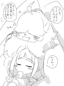 anthro blush chips_(food) duo eating female fluffy food hair hair_over_eyes hug long_ears male ponytail_ears potato_chips text mkz_kabeuchi bandai_namco digimon digimon_ghost_game ruri_tsukiyono angoramon digimon_(species) human mammal 3:4 hi_res japanese_text monochrome