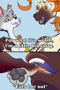 2_panel_comic anthro blep dialogue ear_piercing eyewear female female/female finger_in_mouth fur glasses grey_body grey_fur hair hand_in_mouth humor looking_at_another oral_vore orange_hair paws piercing text tongue tongue_out unwilling_prey vore white_text acha_(character) zoe_(character) canid canine fox giraffe giraffid mammal absurd_res comic digital_media_(artwork) hi_res meme