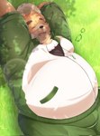 anthro belly big_belly black_nose bottomwear brown_body clothing detailed_background eyes_closed hat headgear headwear kemono lying male outside overweight overweight_male pants solo straw_hat sora_idiotka lifewonders tokyo_afterschool_summoners volos_(tas) bear mammal 2022 hi_res