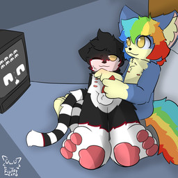 4_fingers :3 ;3 ambiguous_gender anthro balls belly black_body black_fur black_hair blue_body blue_fur blush crt_monitor duo electronics erection feet fingers fur game_screen gaming genitals hair handjob hindpaw humor lying male markings monitor multicolored_hair multicolored_tail nipples on_another on_back on_ground one_eye_closed pawpads paws penile penis playing_video_game rainbow_hair rainbow_tail sex sitting sitting_on_ground striped_markings striped_tail stripes tail tail_markings white_belly wink yellow_eyes young young_anthro young_male fluffycato space_invaders square_enix taito adam_the_forsaken minia_(augustus) domestic_cat felid feline felis mammal rodent sciurid tree_squirrel 1:1 2025 digital_drawing_(artwork) digital_media_(artwork) hi_res shaded watermark