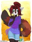 5_fingers bite biting_lip bottomwear breasts clothed clothing eyebrows female fingers fluffy fluffy_tail food fruit green_eyes groceries hair melon plant ponytail red_hair shopping_bag shorts solo tail thigh_gap watermelon nim-nim ruby_(kadath) ailurid mammal red_panda 2017 digital_media_(artwork) shaded