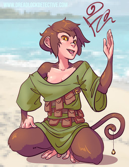 4_toes 5_fingers amber_eyes anthro bare_shoulders barefoot beach bell biped blep blurred_background bottomless breasts brown_body brown_fur brown_hair brown_tail cleavage clothed clothing collarbone countershade_face countershade_torso countershading crouching curled_tail detailed_background fanny_pack feet female fingers front_view fur gesture green_clothing green_topwear hair hand_on_leg light_body light_skin looking_at_viewer medium_breasts off_shoulder outside oversized_clothing oversized_shirt oversized_topwear pink_tongue prehensile_feet prehensile_tail sand sea seaside shadow shirt short_hair sky slim smile solo tail tan_body tan_countershading tan_skin text toes tongue tongue_out topwear water waving zeratanus dungeons_and_dragons hasbro wizards_of_the_coast fa_(zeratanus) haplorhine mammal monkey primate vanara 2017 digital_drawing_(artwork) digital_media_(artwork) full-length_portrait portrait signature unavailable_at_source url