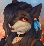 anthro black_sclera breasts clothed clothing collar ear_piercing feather_ear_ring female fur hair looking_at_viewer open_mouth orange_eyes piercing smile solo teeth tongue felicia_cat canid canine canis domestic_dog mammal 2022 digital_media_(artwork) hi_res