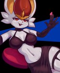 anthro big_breasts bottomwear breasts cleavage clothed clothing condom female fur sexual_barrier_device skirt solo white_body white_fur wide_hips nebssik nintendo pokemon cinderace generation_8_pokemon pokemon_(species) absurd_res hi_res