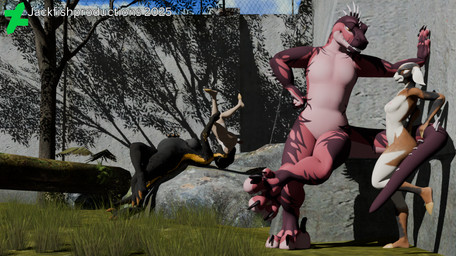 anthro enclosure female female/female group kabedon male male/female swallowing vore jackfishproductions furromantic_(modeler) warfaremachine_(modeler) zairiza_(modeler) jurassic_park jurassic_world universal_studios warfare_goat dinosaur dromaeosaurid indoraptor prehistoric_species reptile saurischian scalie theropod velociraptor 3d_(artwork) blender_(artwork) digital_media_(artwork)