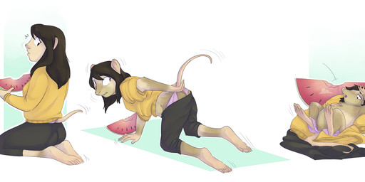 all_fours barefoot base_one_layout basic_sequence black_hair breasts butt clothing eyes_closed featureless_crotch feet female feral food four_frame_image four_frame_sequence fruit growth hair human_to_feral kneeling linear_sequence lying melon nude one_row_layout plant shirt shrinking simple_background size_transformation sleeping solo species_transformation surprised tail tail_growth topwear transformation transformation_sequence underwear watermelon fauvfox human mammal mouse murid murine rodent 2019 digital_media_(artwork) hi_res sequence shaded